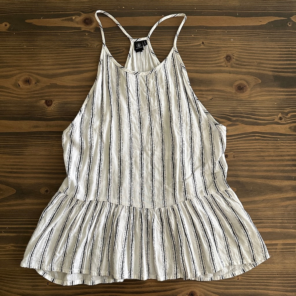 Women’s Volcom White Black Striped Peplum Tank Top S Boho Festival Beach Summer